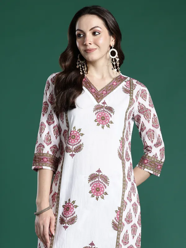 White_Printed_Pure_Cotton_Kurta_Trouser_Set