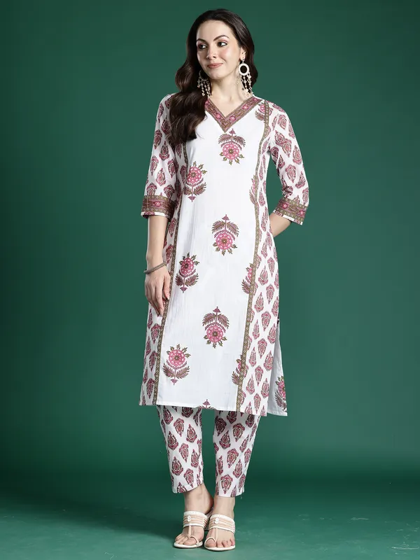 White_Printed_Pure_Cotton_Kurta_Trouser_Set