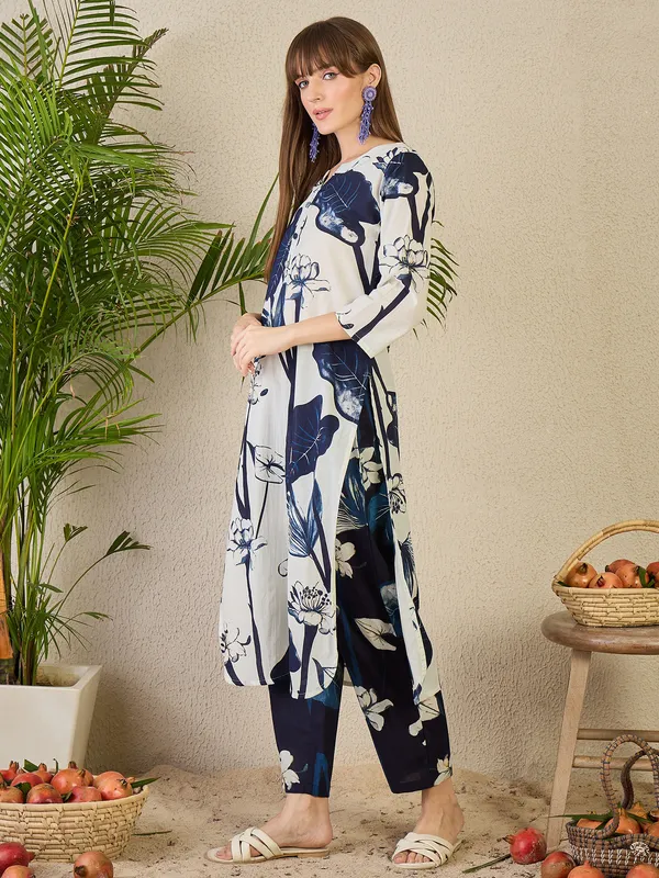 White_Printed_Pure_Cotton_Kurta_Trouser_Set
