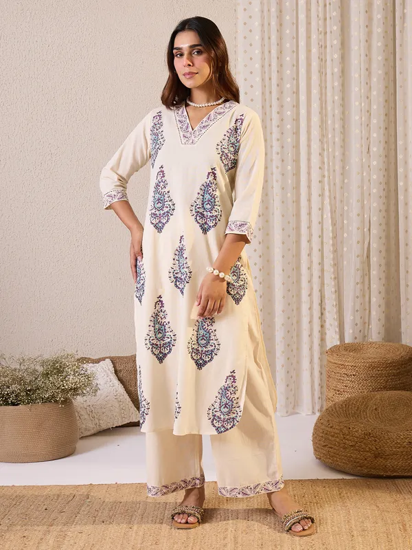 White_Printed_Pure_Cotton_Kurta_Trouser_Set