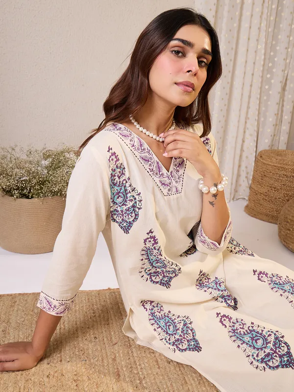 White_Printed_Pure_Cotton_Kurta_Trouser_Set