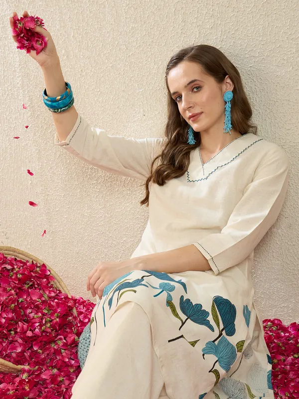 White_Printed_Pure_Cotton_Kurta_Trouser_Set