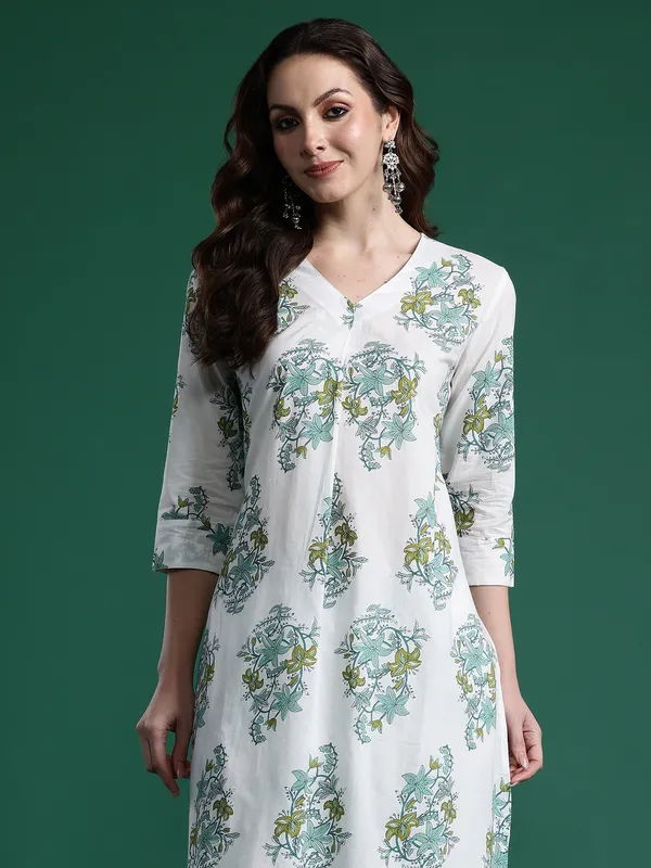 White_Printed_Pure_Cotton_Kurta_Trouser_Set