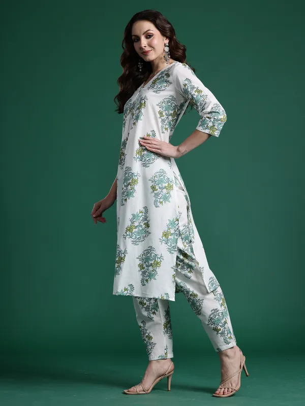 White_Printed_Pure_Cotton_Kurta_Trouser_Set