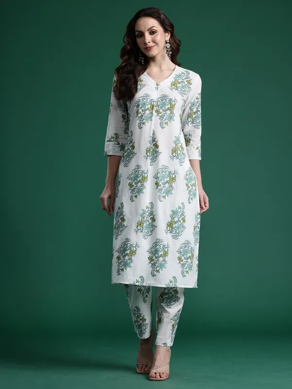 White_Printed_Pure_Cotton_Kurta_Trouser_Set