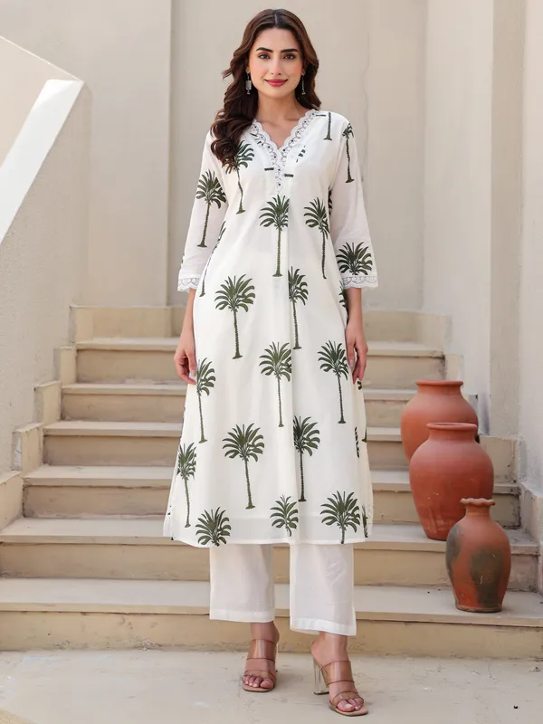 White_Printed_Pure_Cotton_Kurta_Trouser_Set
