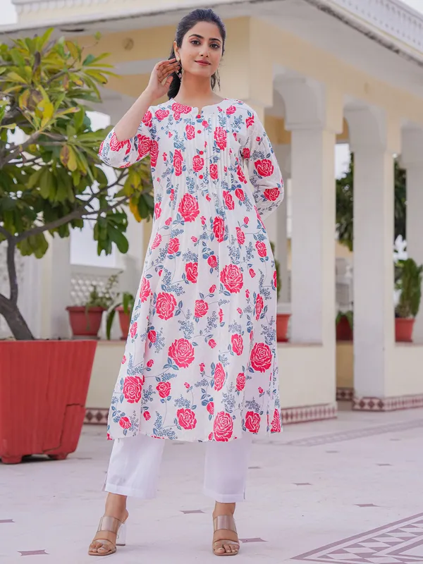 White_Printed_Pure_Cotton_Kurta_Trouser_Set