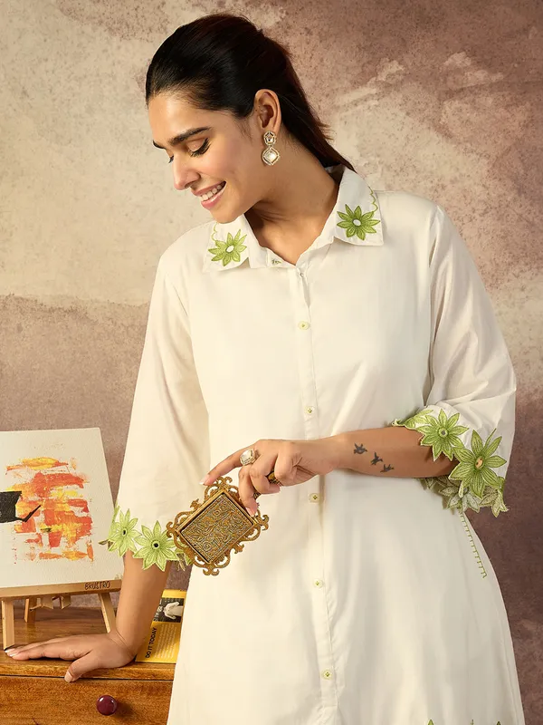 White_Embroidered_Pure_Cotton_Kurta_Trouser_Set
