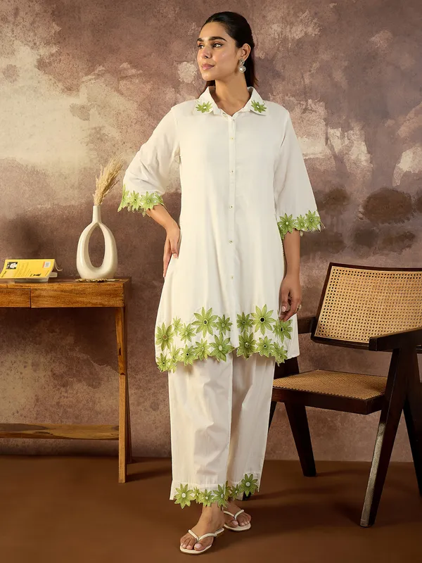White_Embroidered_Pure_Cotton_Kurta_Trouser_Set