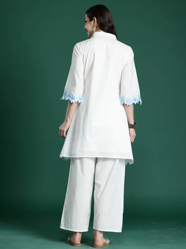 White_Embroidered_Pure_Cotton_Kurta_Trouser_Set