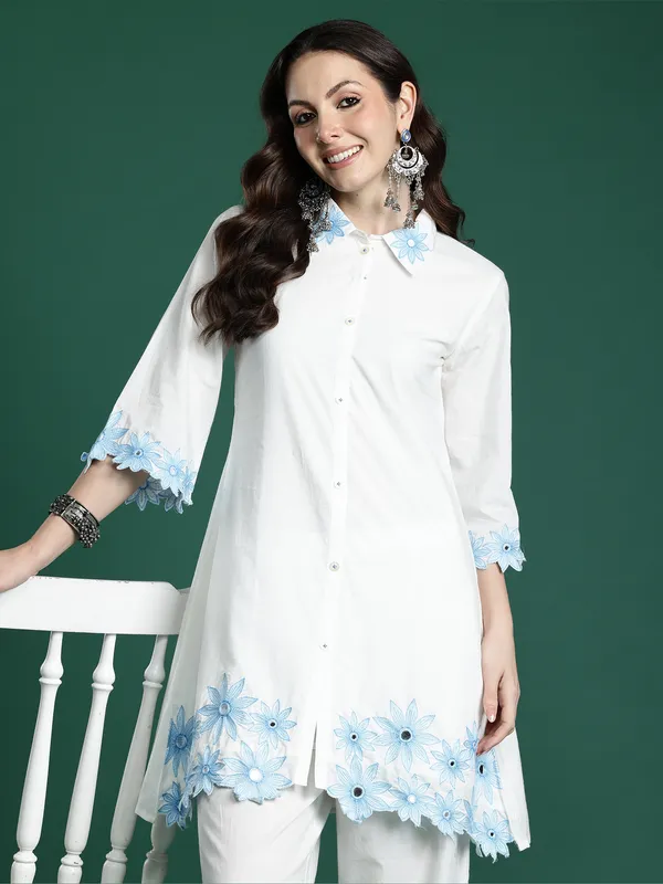 White_Embroidered_Pure_Cotton_Kurta_Trouser_Set