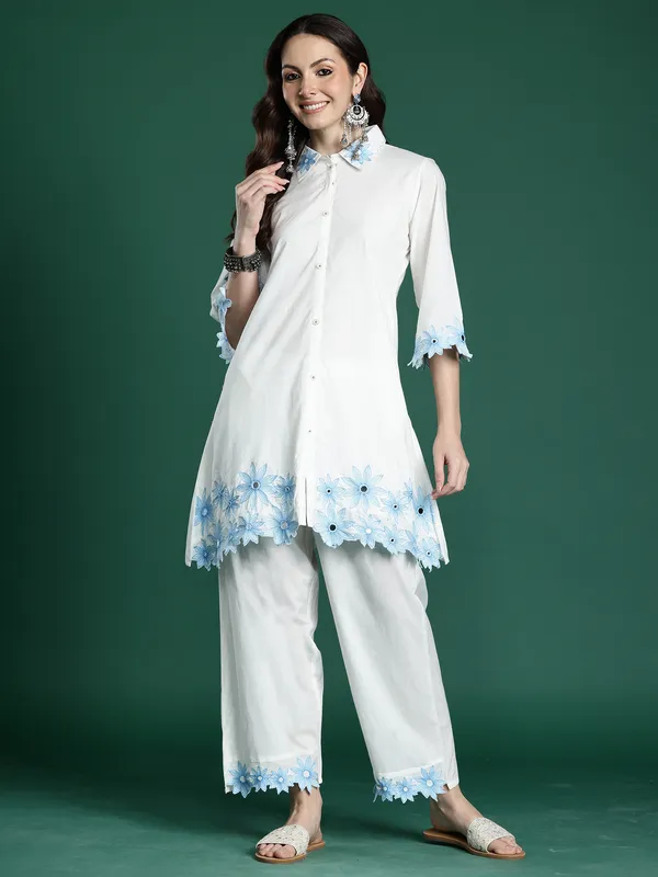 White_Embroidered_Pure_Cotton_Kurta_Trouser_Set