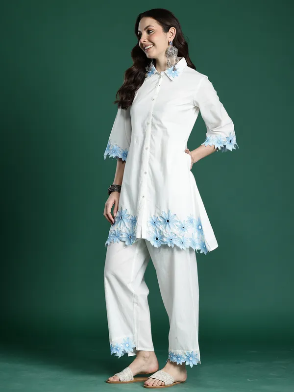 White_Embroidered_Pure_Cotton_Kurta_Trouser_Set