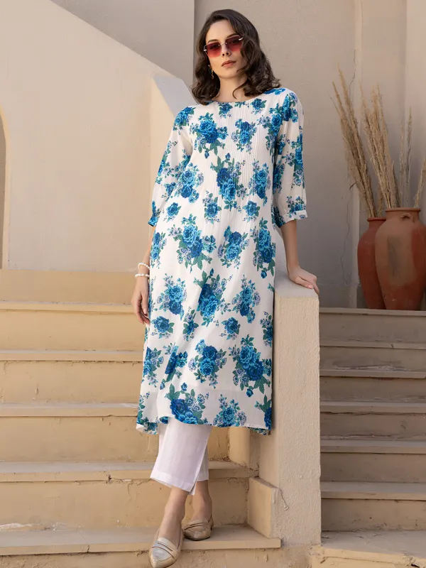 White_Printed_Pure_Cotton_Kurta_Trouser_Set