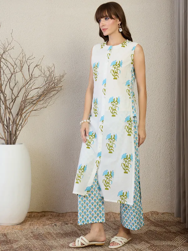 White_Printed_Pure_Cotton_Kurta_Trouser_Set