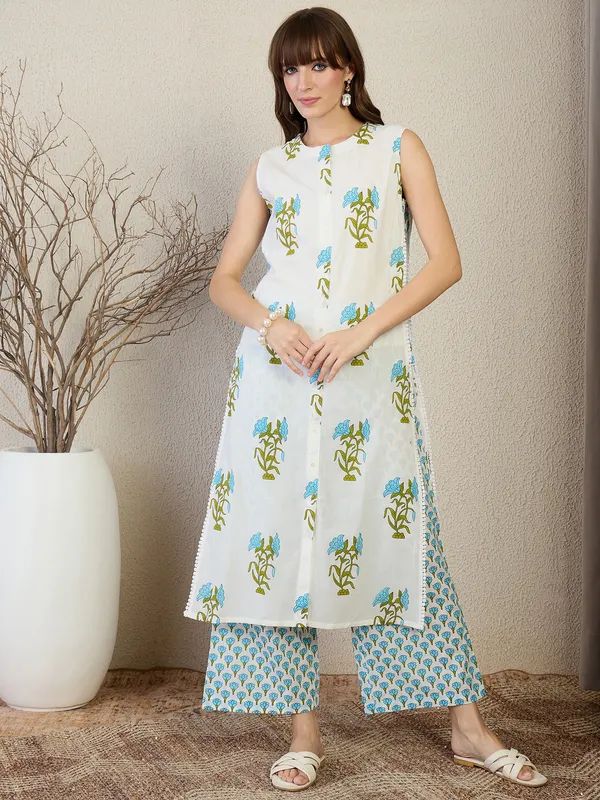 White_Printed_Pure_Cotton_Kurta_Trouser_Set