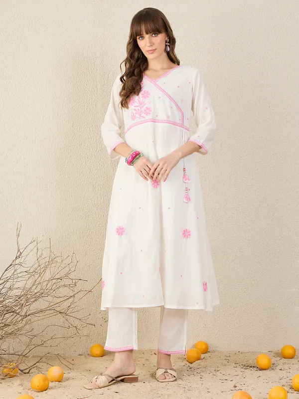 White_Embroidered_Pure_Cotton_Kurta_Trouser_Set
