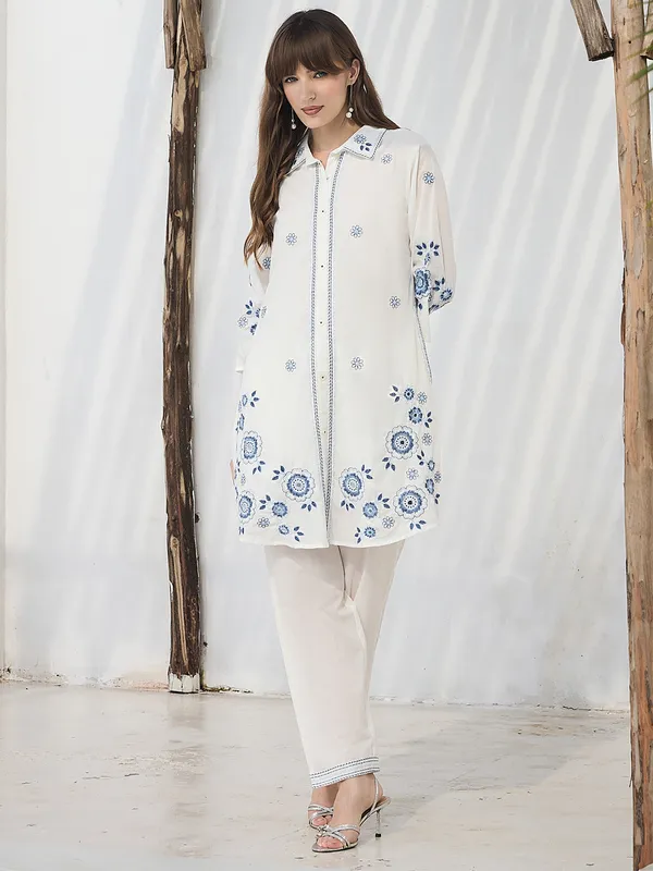 White_Printed_Pure_Cotton_Kurta_Trouser_Set