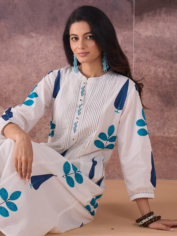 White_Printed_Pure_Cotton_Kurta_Trouser_Set