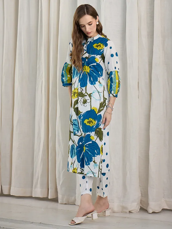 White_Printed_Pure_Cotton_Kurta_Trouser_Set
