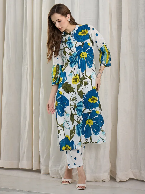 White_Printed_Pure_Cotton_Kurta_Trouser_Set