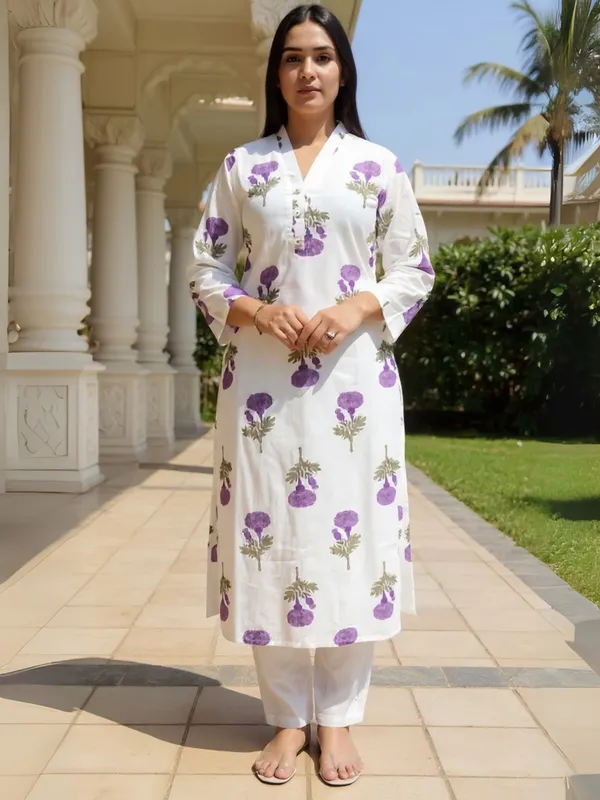 White_Printed_Pure_Cotton_Kurta_Trouser_Set