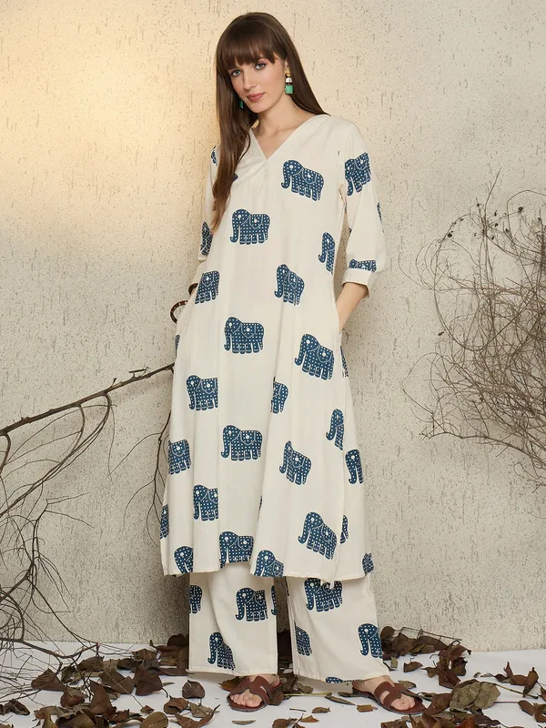 White_Printed_Pure_Cotton_Kurta_Trouser_Set