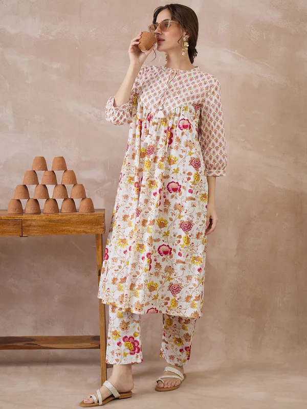 White_Printed_Pure_Cotton_Kurta_Trouser_Set