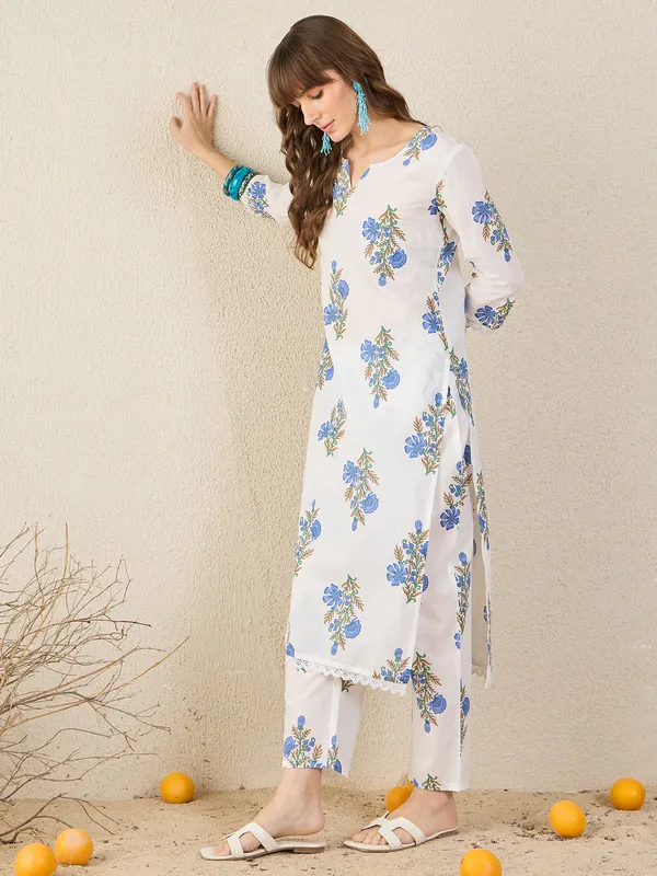 White_Printed_Pure_Cotton_Kurta_Trouser_Set