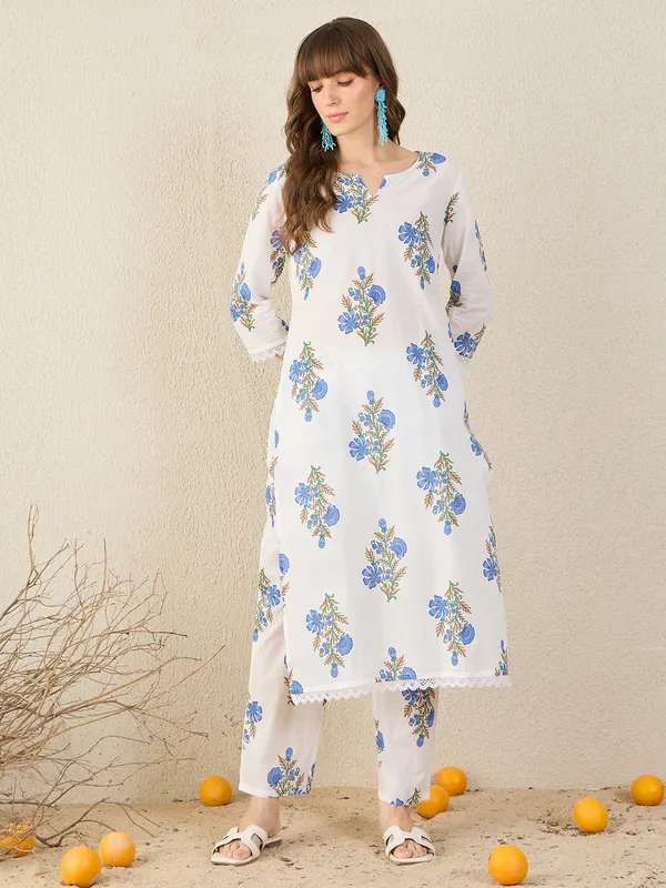White_Printed_Pure_Cotton_Kurta_Trouser_Set