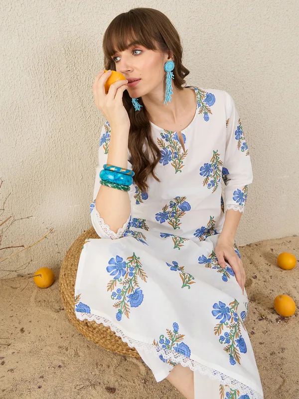 White_Printed_Pure_Cotton_Kurta_Trouser_Set