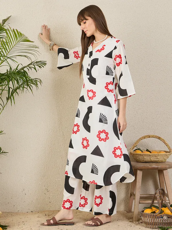 White_Printed_Pure_Cotton_Kurta_Trouser_Set