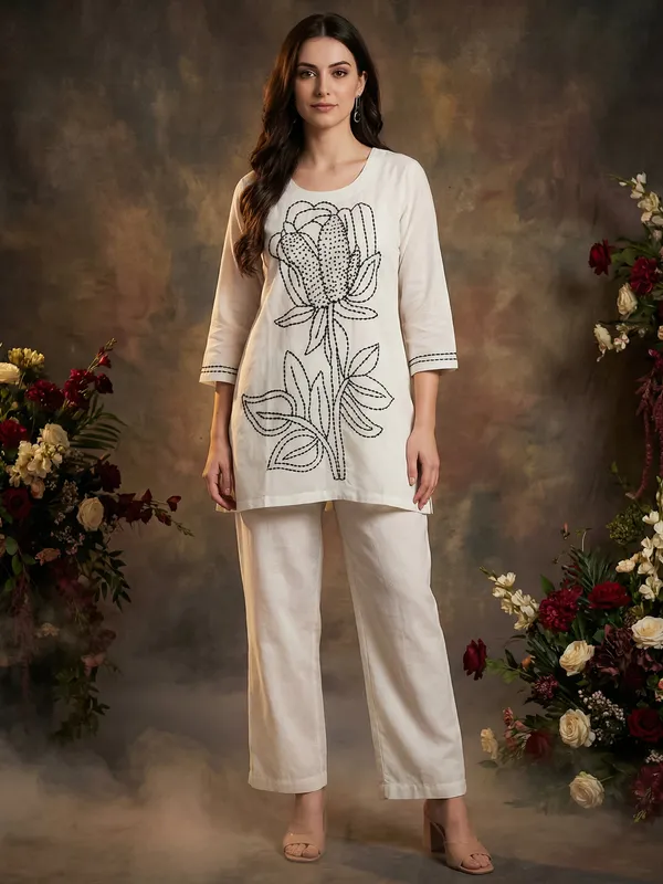 White_Embroidered_Pure_Cotton_Kurta_Trouser_Set