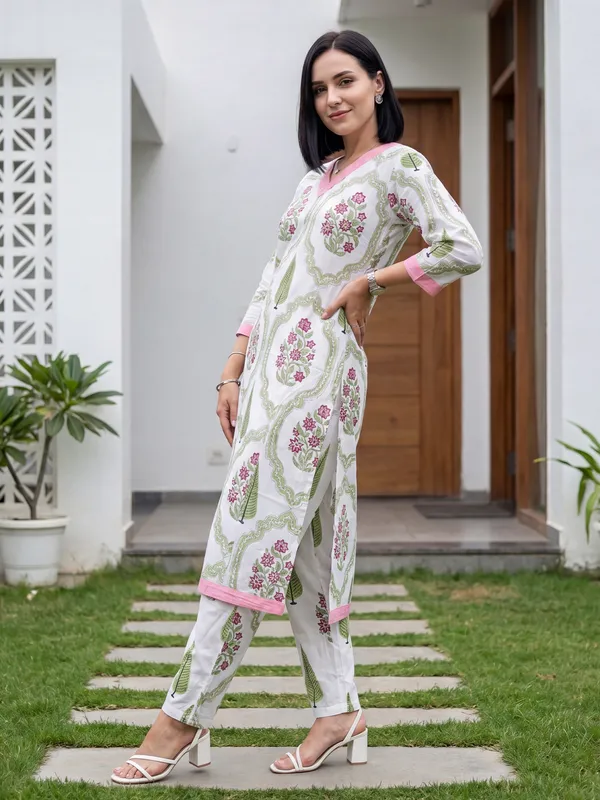 White_Printed_Pure_Cotton_Kurta_Trouser_Set