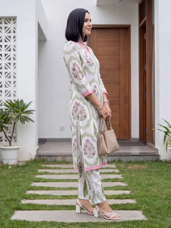 White_Printed_Pure_Cotton_Kurta_Trouser_Set