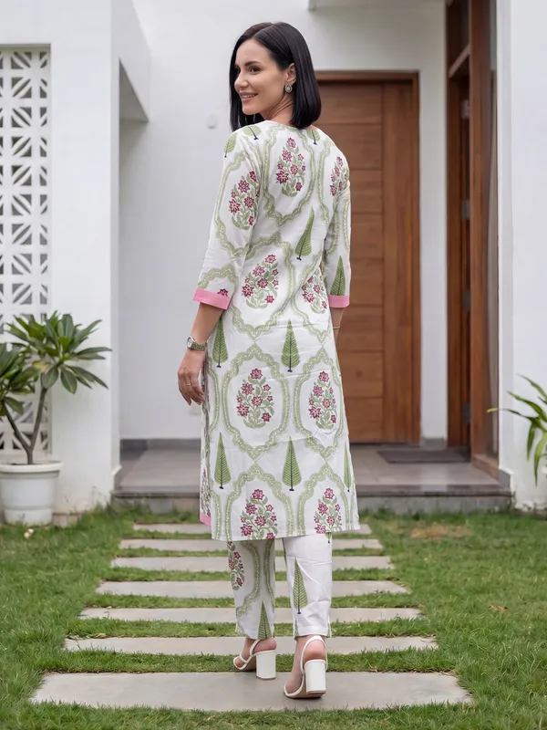 White_Printed_Pure_Cotton_Kurta_Trouser_Set