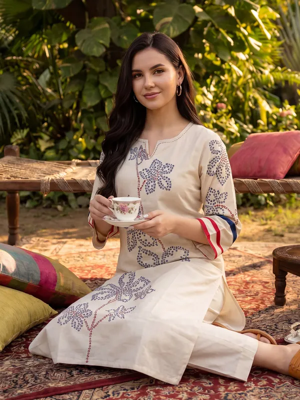 White_Embroidered_Pure_Cotton_Kurta_Trouser_Set