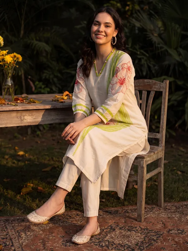 White_Printed_Pure_Cotton_Kurta_Trouser_Set