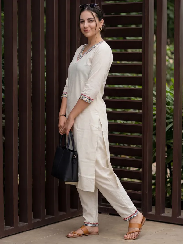White_Embroidered_Pure_Cotton_Kurta_Trouser_Set