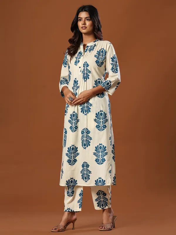 White_Printed_Pure_Cotton_Kurta_Trouser_Set