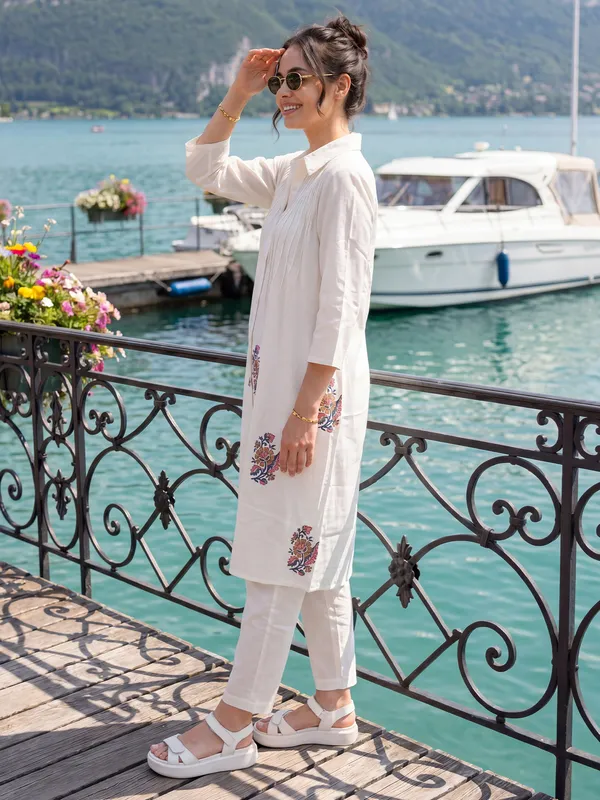 White_Embroidered_Pure_Cotton_Kurta_Trouser_Set