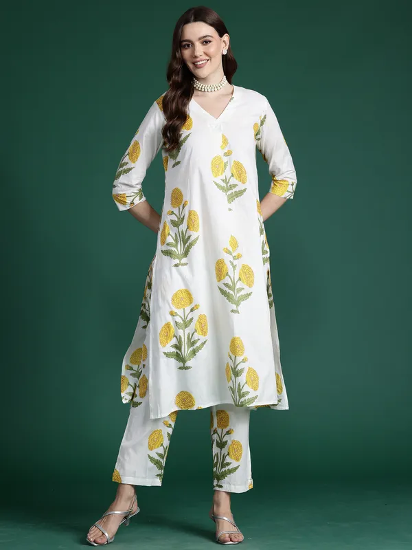 White_Printed_Pure_Cotton_Kurta_Trouser_Set