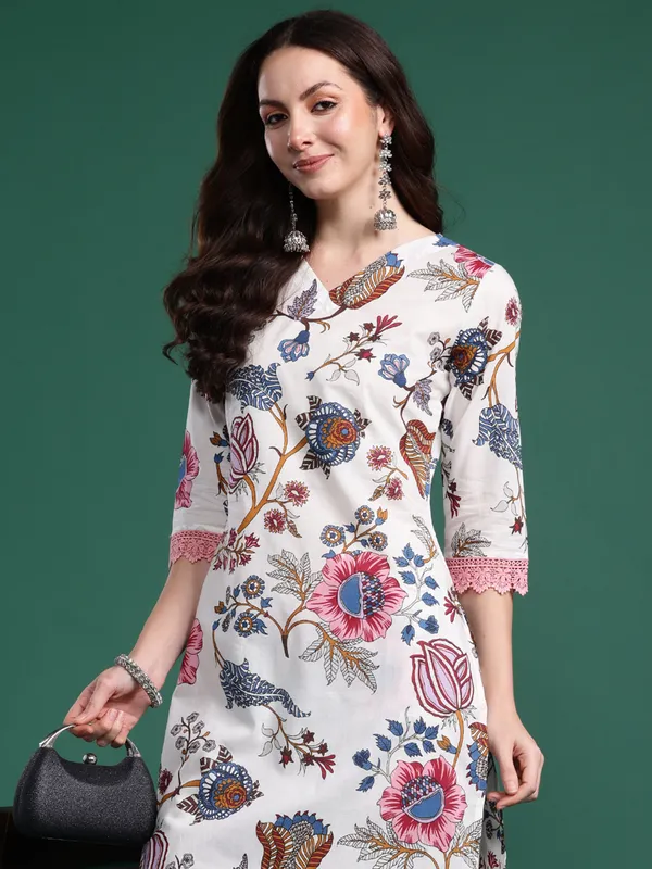White_Printed_Pure_Cotton_Kurta_Trouser_Set