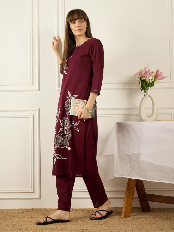 Burgundy_Printed_Pure_Cotton_Kurta_Trouser_Set