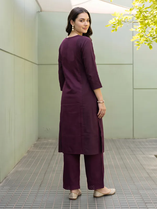 Burgundy_Embroidered_Pure_Cotton_Kurta_Trouser_Set
