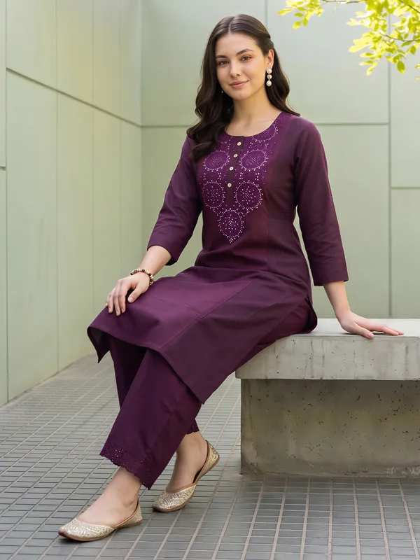 Burgundy_Embroidered_Pure_Cotton_Kurta_Trouser_Set