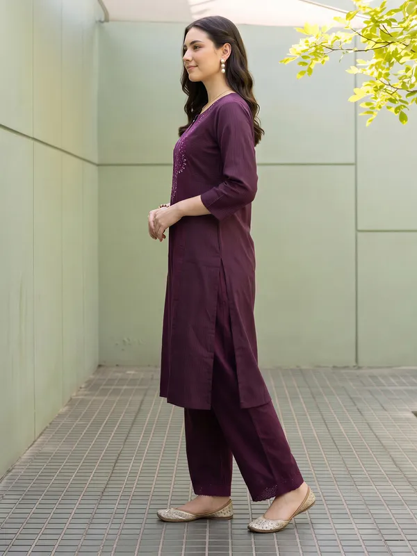Burgundy_Embroidered_Pure_Cotton_Kurta_Trouser_Set
