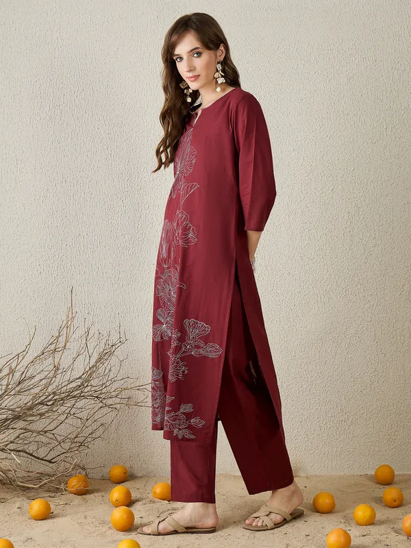 Burgundy_Embroidered_Pure_Cotton_Kurta_Trouser_Set