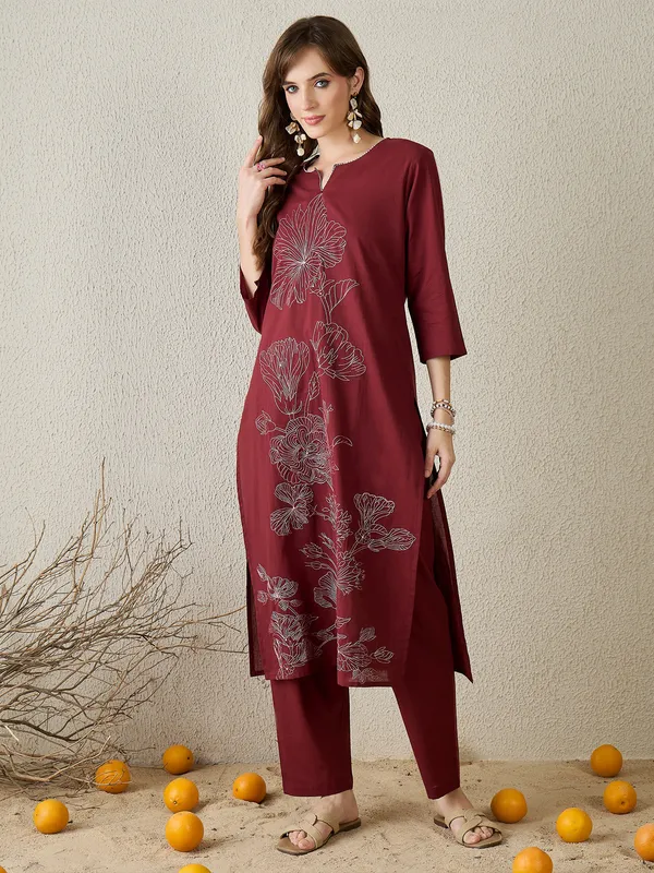 Burgundy_Embroidered_Pure_Cotton_Kurta_Trouser_Set