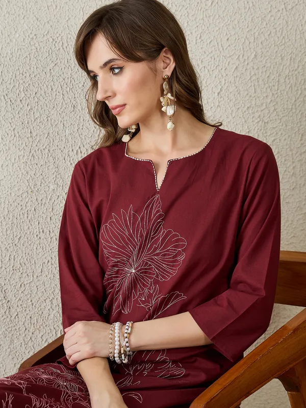 Burgundy_Embroidered_Pure_Cotton_Kurta_Trouser_Set